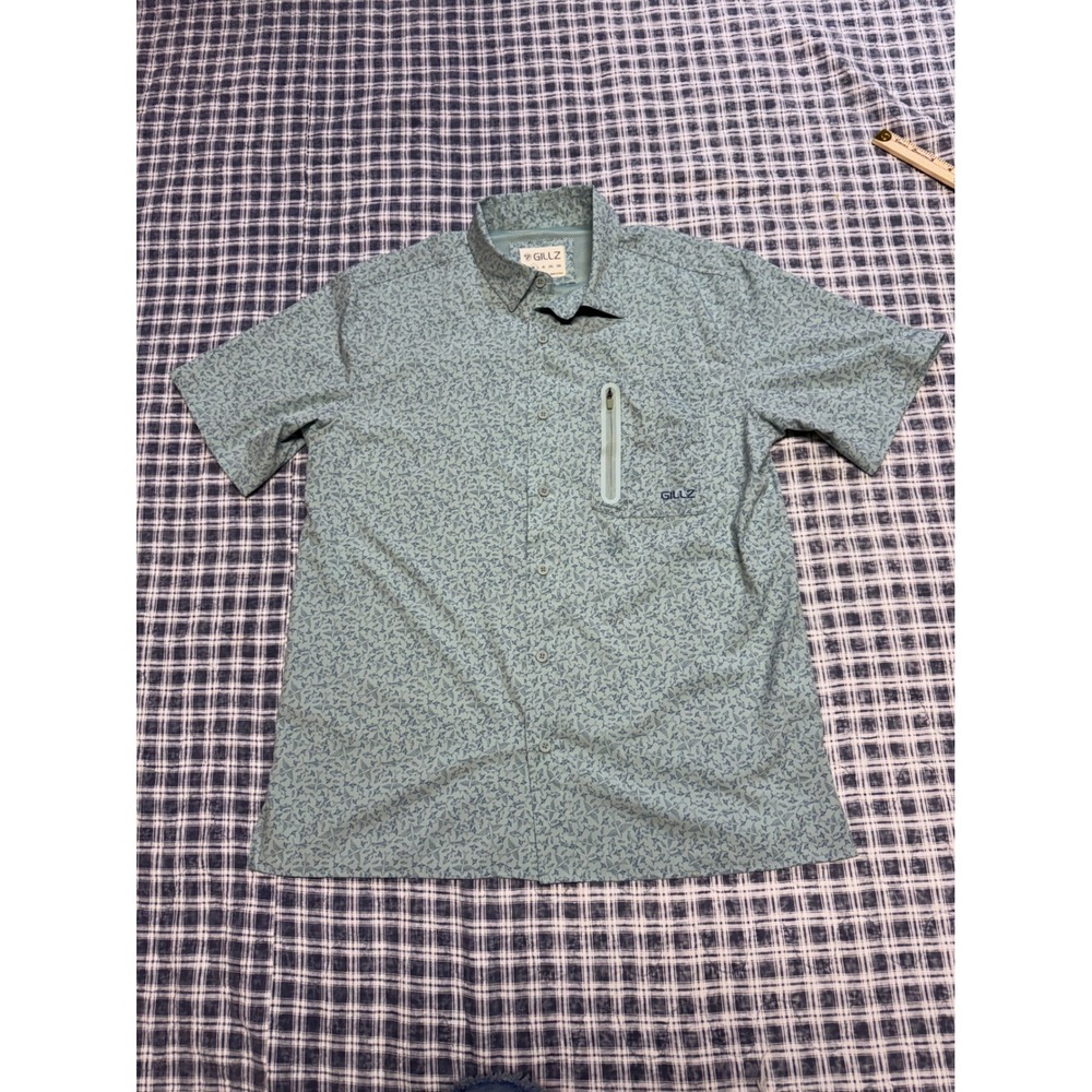 Gillz Mens Fishing Shirt Short Sleeve Button Down Vented Flying Fish Print Sz M